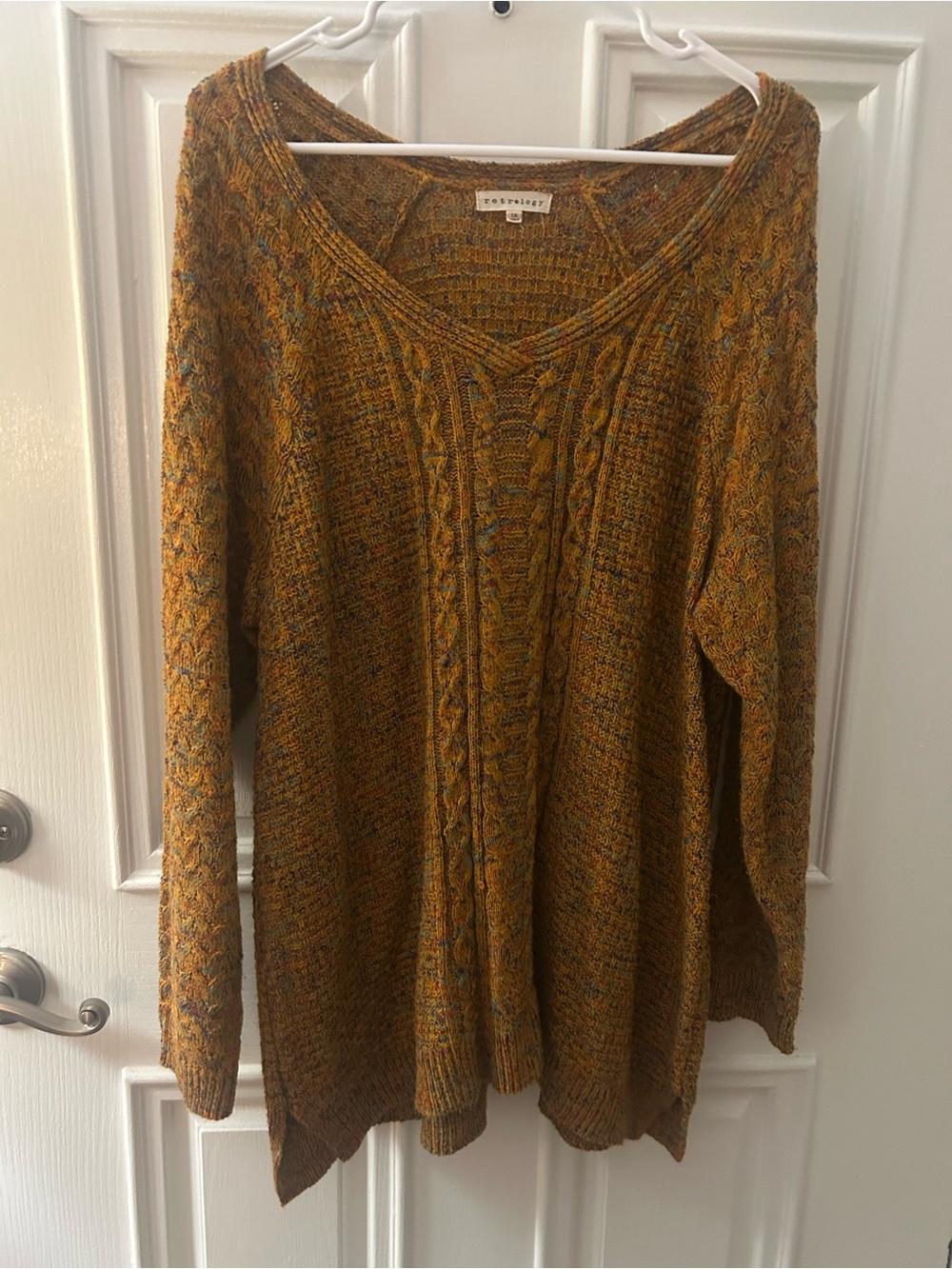 Retrology  Mustard Cable-Knit V-Neck Sweater